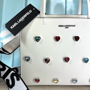 Karl Lagerfeld White RAINBOW Hearts Maybelle Crossbody Purse Satchel VEGAN! NEW!